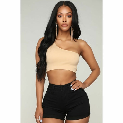 J5FASHION Bej Tek Omuzlu Kısa Crop